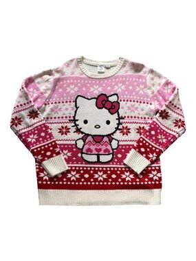 Hello Kitty Sanrio Fair Isle Christmas Knit Sweater Pink Red L/XL Holiday Cozy